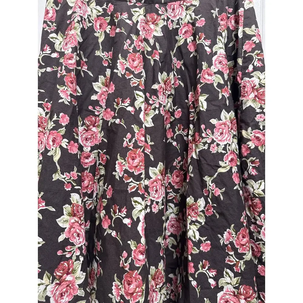 Hell Bunny Vixen Brown Rose Print A Line Swing Midi Rosie Skirt Size Large